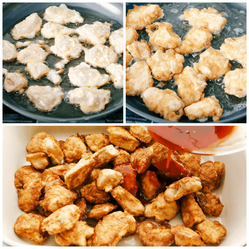 This Firecracker Chicken is sweet, spicy and adds a nice kick to your meal. The chicken is super tender and juicy and once you smother it in the flavorful sauce, you will have everyone wanting to come back for seconds! 3 pictures showing how to cook the chicken and add the sauce.