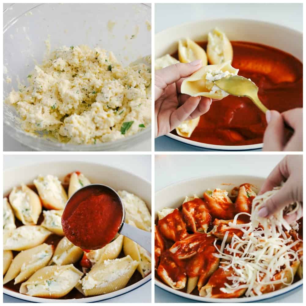 Three Cheese Stuffed Shellsย are a delicious twist on lasagna using jumbo shells that are stuffed with the classic lasagna cheese blend with Italian seasoning all baked in spaghetti sauce for a classicย Italian dish. A tried and true familyย favorite dinner! ย The process of mixing the cheese in a bowl then stuffing the pasta shells and adding spaghetti sauce over top with cheese sprinkled.