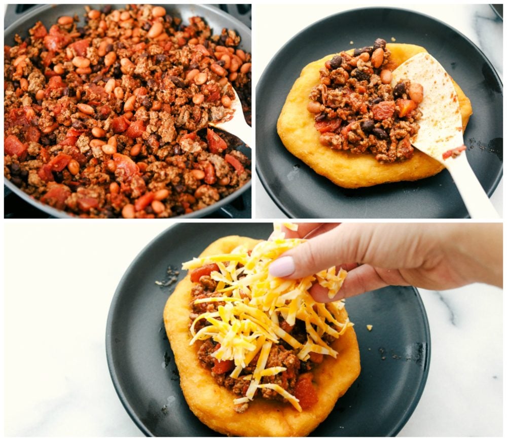 These easy and delicious Navajo tacos are made with thick, soft fry bead then layered with tasty taco fixings. A delicious family-friendly meal that you can pile high with all of your favorite toppings! Ground beef and beans cooked together then added on top of fry bread with sprinkled cheese.