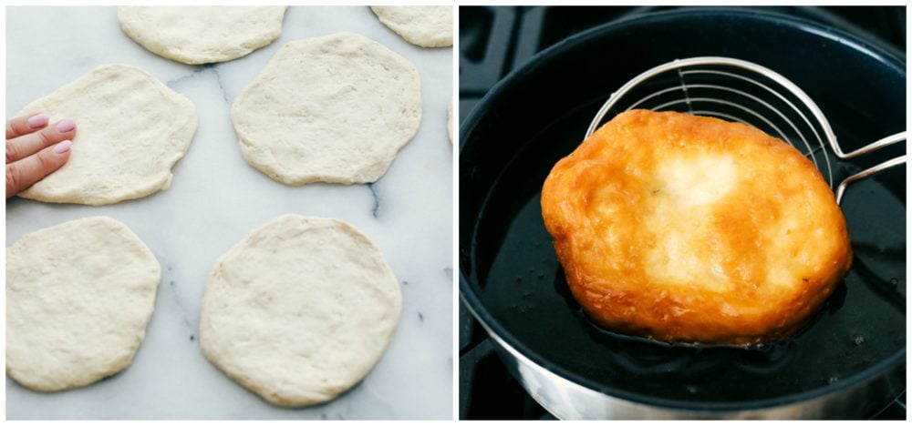 These easy and delicious Navajo tacos are made with thick, soft fry bead then layered with tasty taco fixings. A delicious family-friendly meal that you can pile high with all of your favorite toppings! Pillsbury biscuits being flattened and fried in oil.