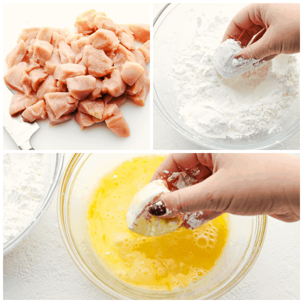Sesame Chicken is sweet, savory, and perfect for any night of the week. This is so good, it is even better than take out!ย Cut up chicken, breading it and dipping it in egg mixture.