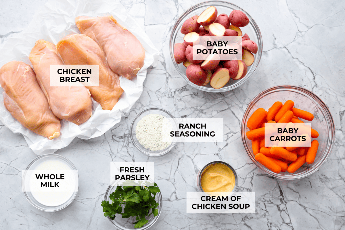 My Slow Cooker Creamy Ranch Chicken takes 10 minutes of prep and uses 6 simple ingredients. It's so good your whole family is going to love it, even your picky eaters! Overhead shot of labeled slow cooker creamy ranch chicken ingredients.