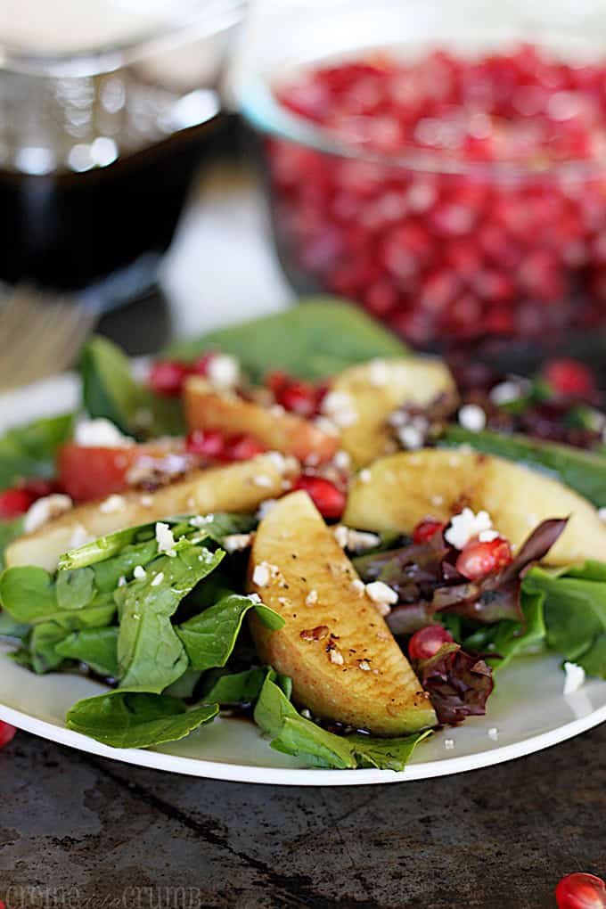 Love the fruit in this salad! Apple Pomegranate Salad with Honey Balsamic Dressing on a white plate.