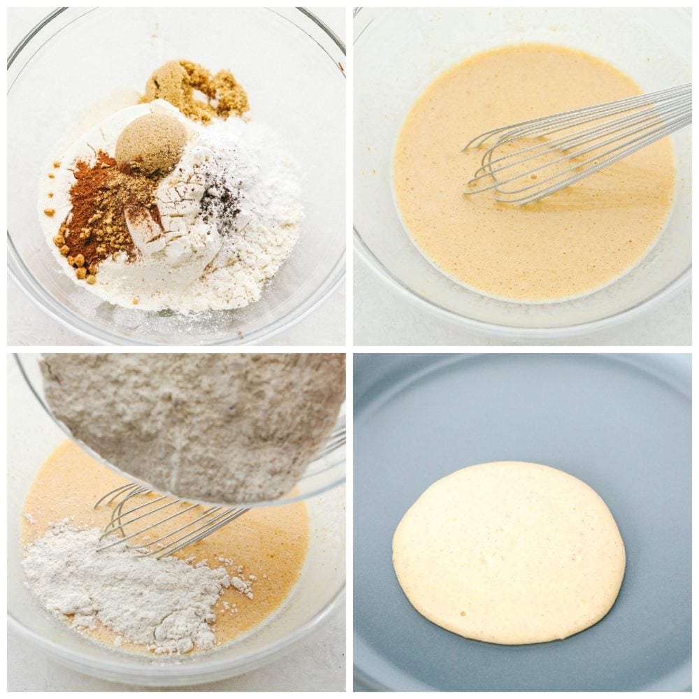 Fluffy and moist pumpkin spice pancakes are what fall breakfast dreams are made of! Perfectly spiced and full of flavor, it's like having pumpkin pie for breakfast! First photo of dry ingredients in a mixing bowl. Second photo of wet ingredients mixed in a bowl. Third photo of dry ingredients being added to the bowl of wet ingredients. Fourth photo of a pancake cooking on a skillet.