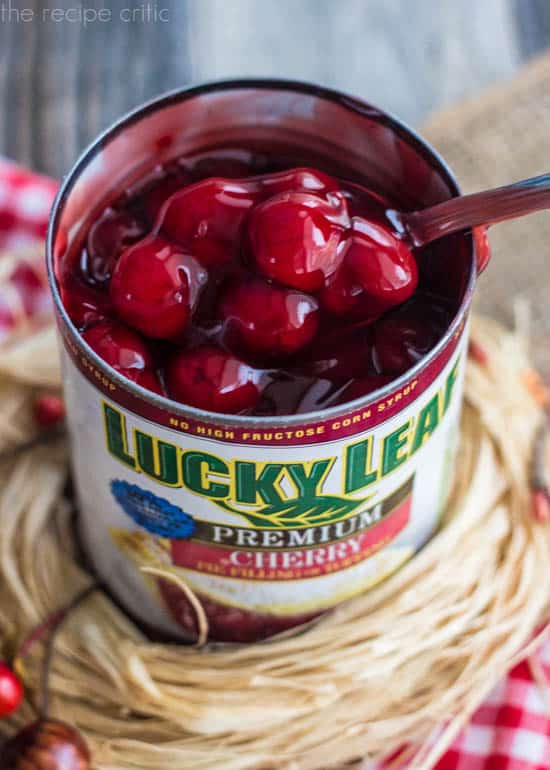 Delicious cherry pie filling! The cherries are absolute perfection. An open can of lucky leaf cherries.