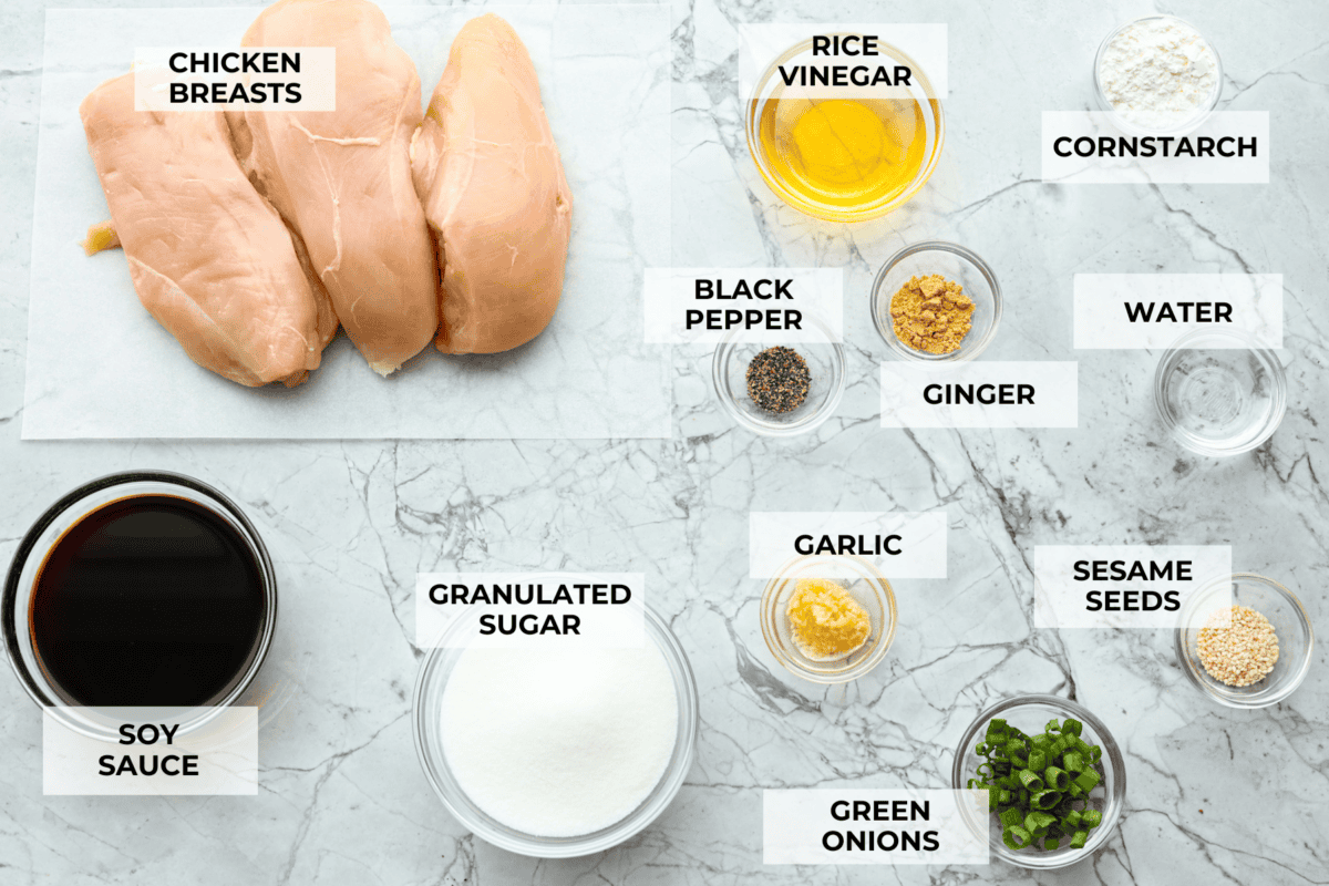 Baked teriyaki chicken is a healthy, delicious dish that comes together in just 45 minutes! The tender, moist chicken is drenched in a sweet and savory teriyaki glaze. Perfect served over some rice and a side of veggies, and the best partโฆ the entire family will love it! Overhead shot of labeled ingredients.