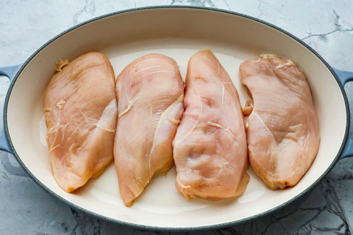 Baked teriyaki chicken is a healthy, delicious dish that comes together in just 45 minutes! The tender, moist chicken is drenched in a sweet and savory teriyaki glaze. Perfect served over some rice and a side of veggies, and the best partโฆ the entire family will love it! Overhead shot of chicken breasts in prepared baking dish.