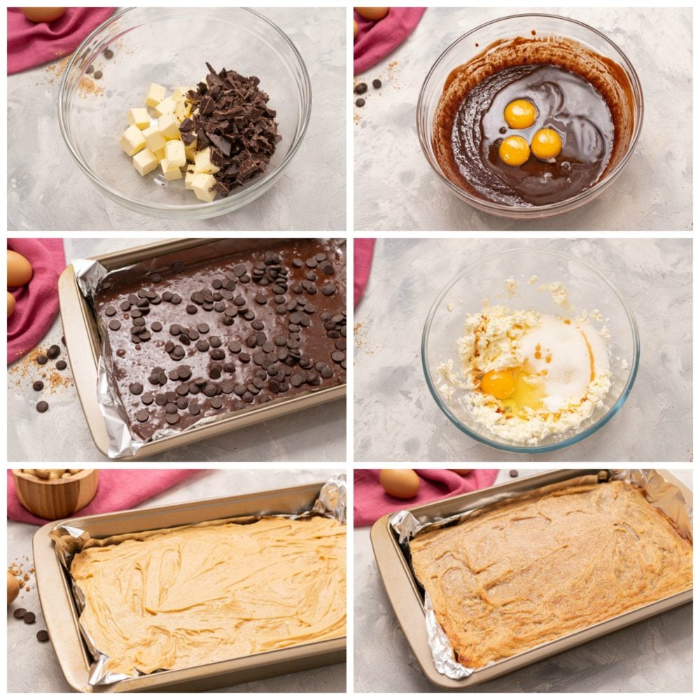 These peanut butter cheesecake brownie bars are made with moist creamy layers of dark chocolate brownie and peanut butter cheesecake.ย The yummy peanut butter and rich chocolate flavors throughout make this an irresistible treat!ย This recipe will be your first choice when you need an ooey gooey homemade dessert that everyone will go crazy over! Process of making Peanut Butter Cheesecake Brownie Bars.