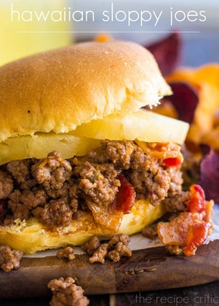 A delicious greek spin on sloppy joes that are full of flavor and a meal that everyone will love! Hawaiian Slopph Joe on a wooden cutting board.