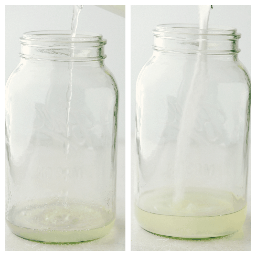 This Copycat Chick fil A Lemonade is just what you need to quench your summertime thirst!ย Super easy it's a sweet n' tart drink that is so refreshing! Pouring in the lemon juice and sugar into a glass mixing container.