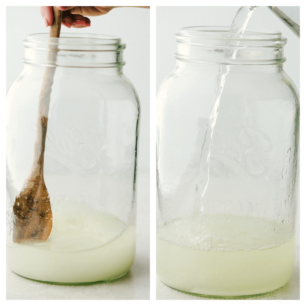 This Copycat Chick fil A Lemonade is just what you need to quench your summertime thirst!ย Super easy it's a sweet n' tart drink that is so refreshing! Stirring to dissolve the sugar and then pouring in ice cold water.