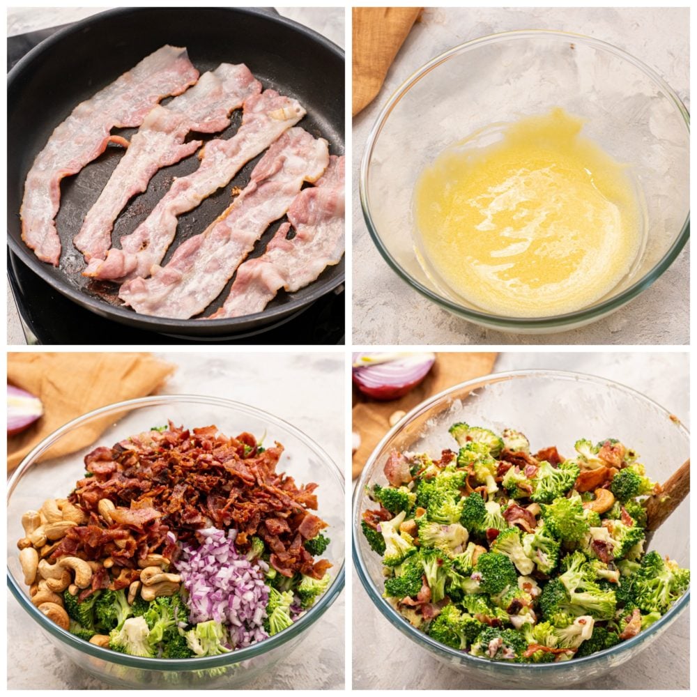 Broccoli Cashew Salad is a perfect cool and crunchy salad filled with savory bacon crumbles, cashews and broccoli, all covered in an amazing dressing. You will be making this all the time once you see how easy and delicious it is! Steps to make broccoli cashew salad.