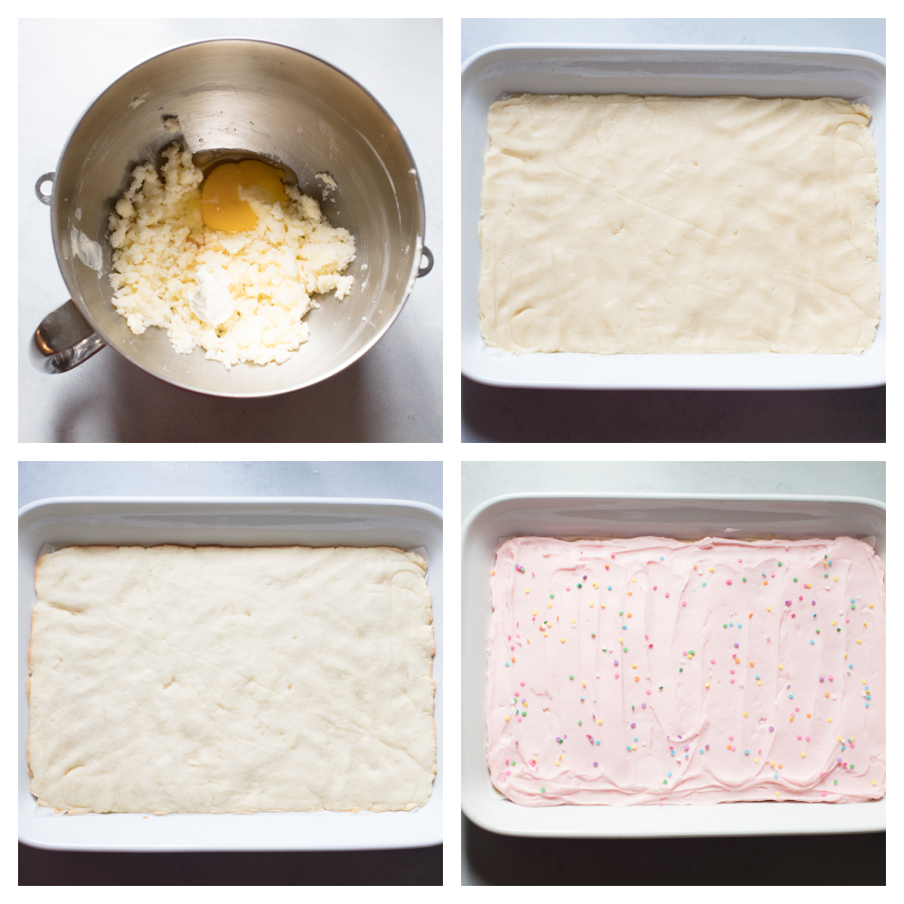 These sugar cookie bars are soft and sweet with a smooth layer of icing that is sprinkled on top. Perfect for your next party! The process of making sugar cookie bar batter and baking in a pan.
