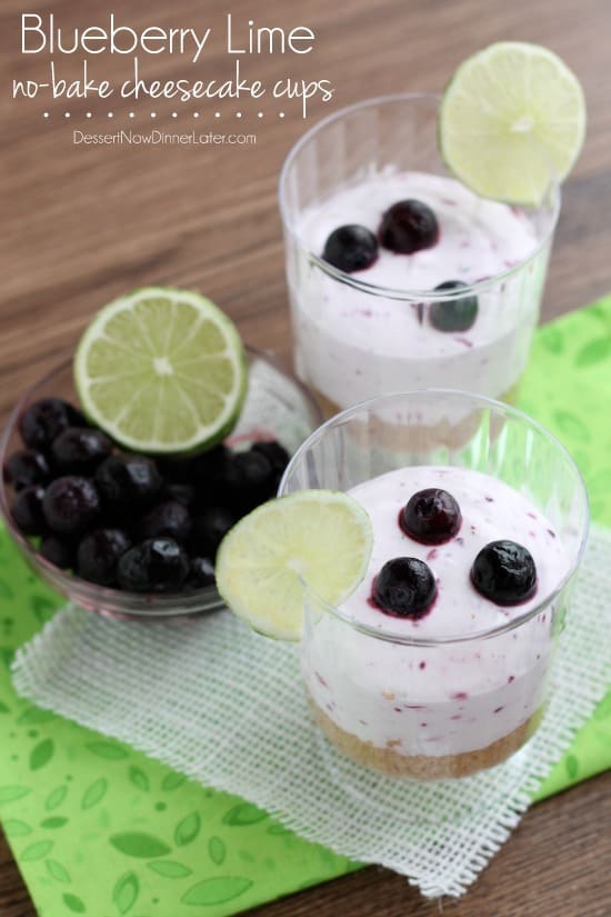 A delicious No Bake Blueberry Lime Cheesecake dessert that the family is sure to love! Blueberry Lime No-Bake Cheesecake Cups with fresh lime and blueberries on the side.