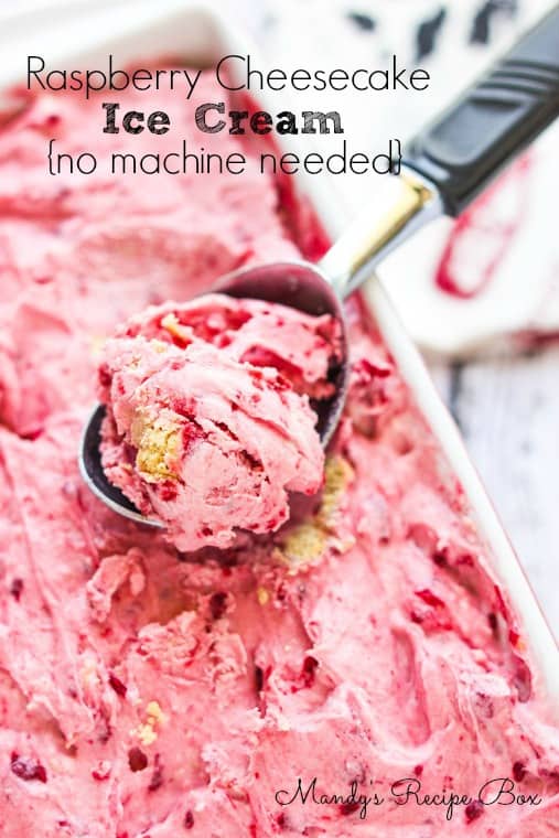 A delicious raspberry cheesecake ice cream and no ice cream maker is required! Raspberry Cheesecake Ice Cream with a scoop being removed.
