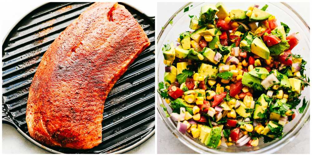 Grilled Salmon with Avocado Salsaย is a tender, juicy grilled salmon, topped with a colorful and flavorfulย combination of avocados, cornย andย tomatoes to make a light and tasty meal. This Salmon is made in minutes for your family!ย Salmon on a skillet and avocado salsa in a bowl.