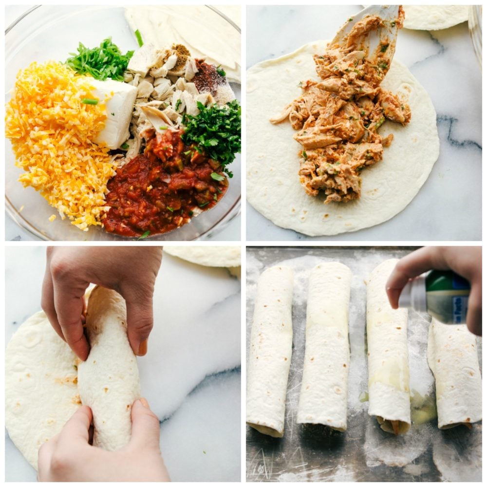 Cream cheese chicken taquitos are filled with a tender chicken mixture with cheese sprinkled over top then rolled in a flour tortilla and baked to perfection. These taquitos are a family favorite!ย The process of making chicken taquitos. First photo on the left hand corner is all the filling ingredients in one glass bowl, The upper righthand corner is the chicken filling mixed together then laid in the flour tortilla in the middle. The bottom left hand corner the tortilla is being rolled up. The bottom right hand corner the rolled up tortillas are being sprayed on top.