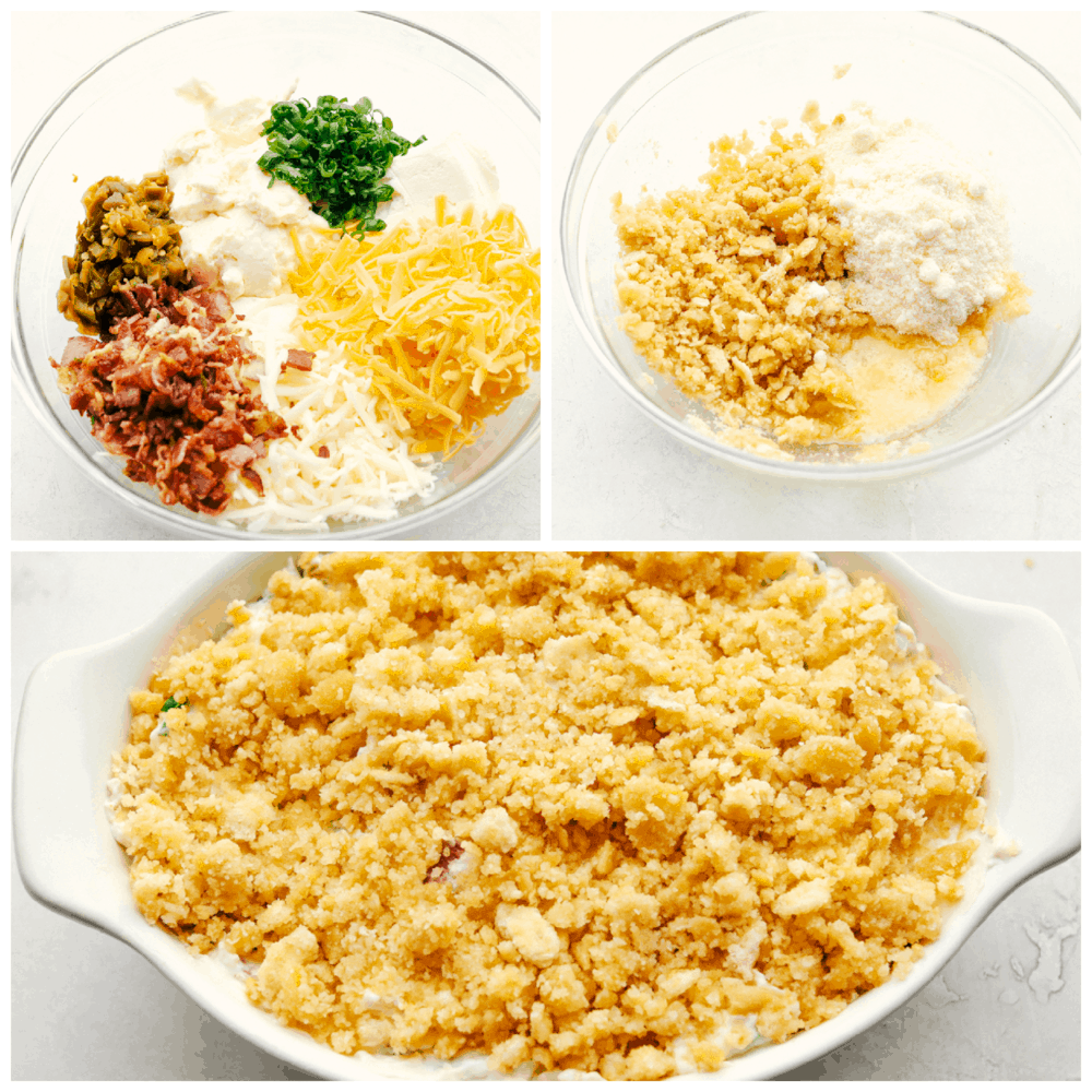 Jalapeno Popper Dip takes all the flavor of the popper and turns it into a creamy, cheesy, easy to eat dip. Super effortless and full of enticing flavors, this dip will be the star of the party!ย The ingredients for jalapeno dip and layering it in a baking pan.