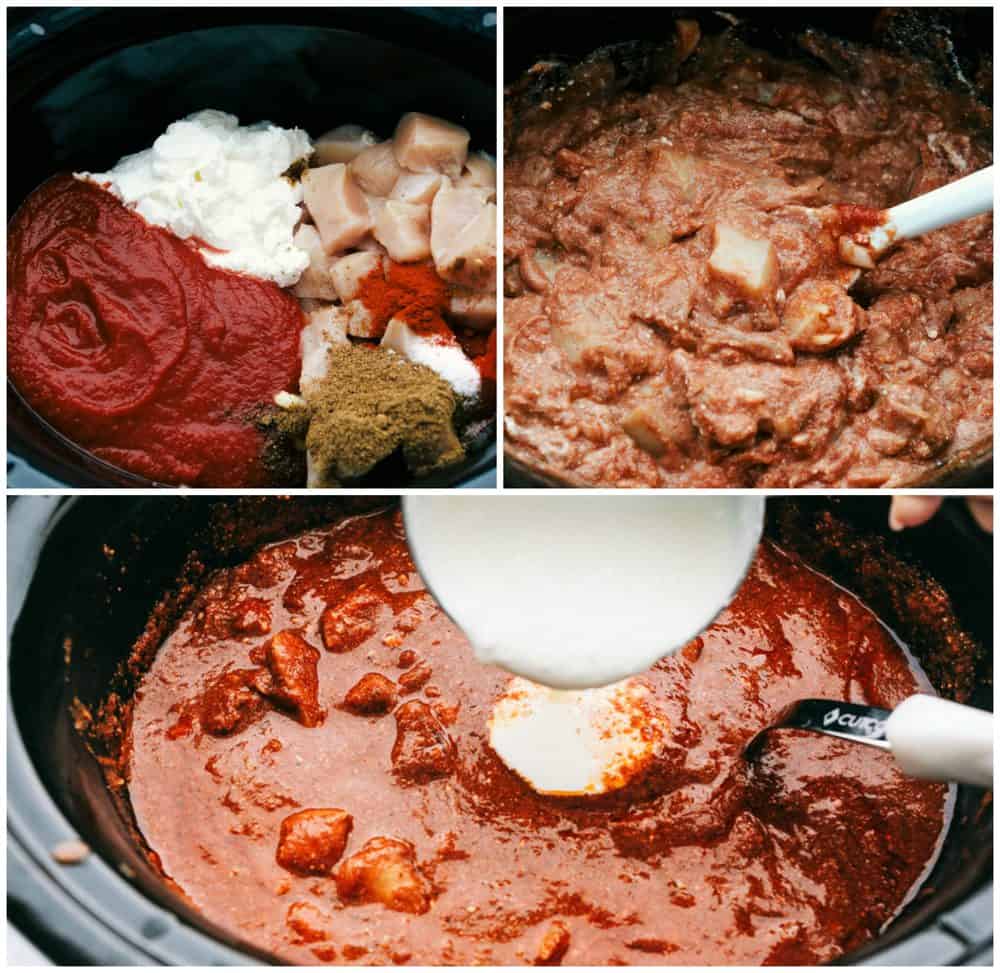 Chicken Tikka Masala is an easy, sweet and spicyย sauce thatย is thick, rich and creamy with an intense color of orange and red blend that hasย several spices blendedย together with creamy yogurt covering cubes ofย chicken breasts leaving you with an intense flavor all served over rice. ย Let the slow cooker do all theย work!ย The process of adding ingredients into the slow cooker making the chicken tikka masala.