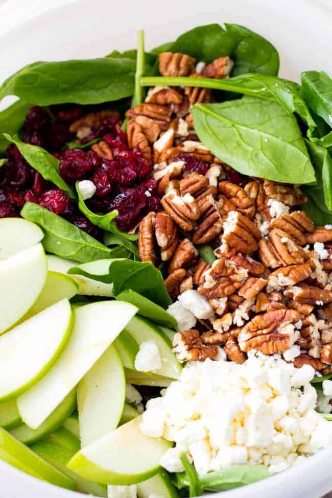 An amazing fall salad with the best creamy poppyseed dressing that you will ever have! Ingredients for cranberry apple pecan salad.