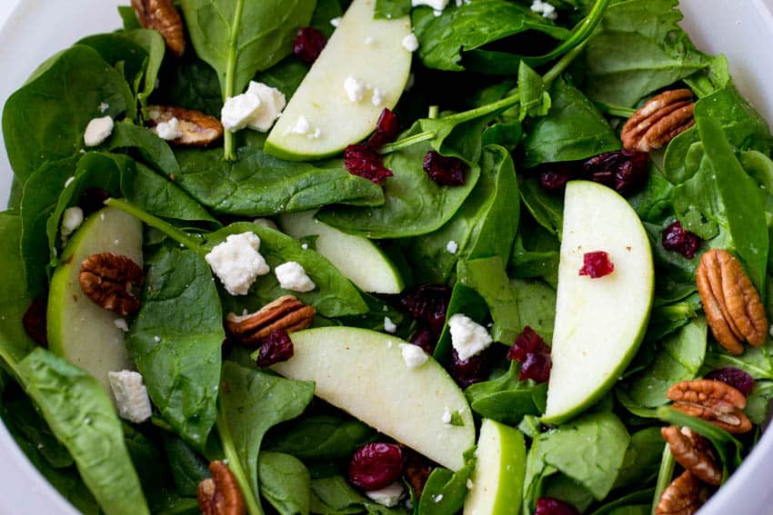 An amazing fall salad with the best creamy poppyseed dressing that you will ever have! Cranberry apple pecan salad in a white bowl.