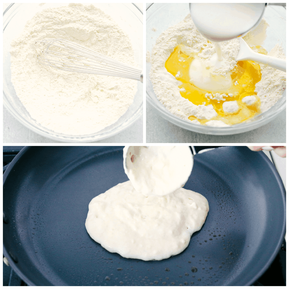 The best and only Buttermilk Pancake recipe that you will ever need! Perfectly fluffy every single time! Soft and pillowy with a tender crumb, these are going to be a hit at the breakfast table. Mixing the dry ingredients, then wet ingredients and cooking buttermilk pancakes.