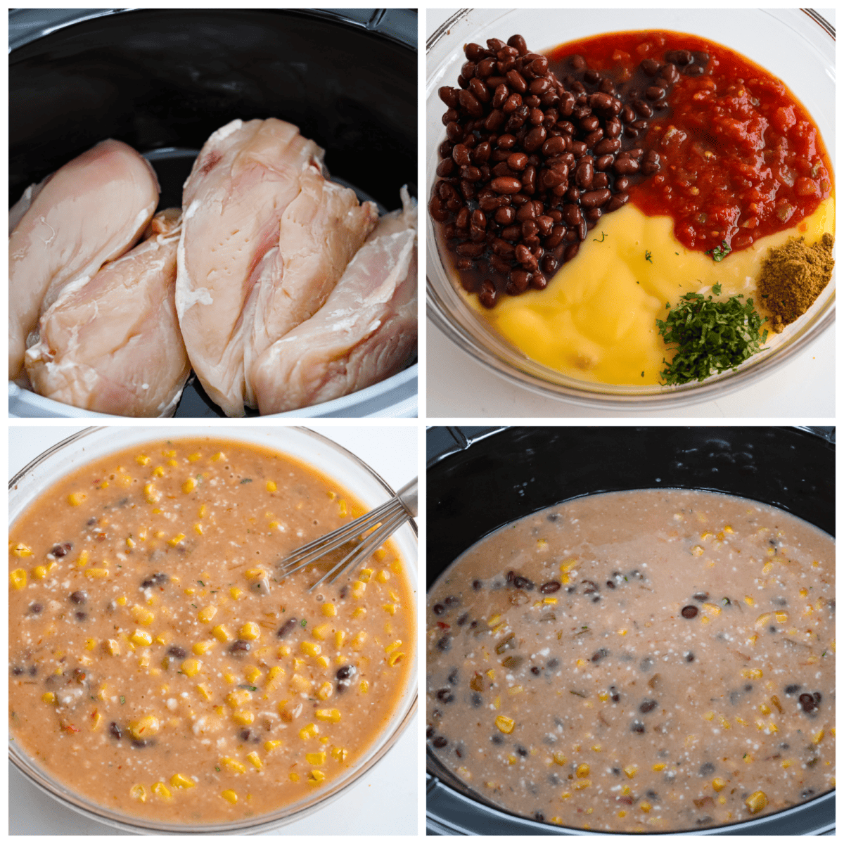 Everything you love about fajitas comes together in this hearty Slow Cooker Chicken Fajita Soup. Tender chicken surrounded by beans, corn, and spices simmers all day to perfection Four-photo collage of the soup ingredients being added to a crockpot.