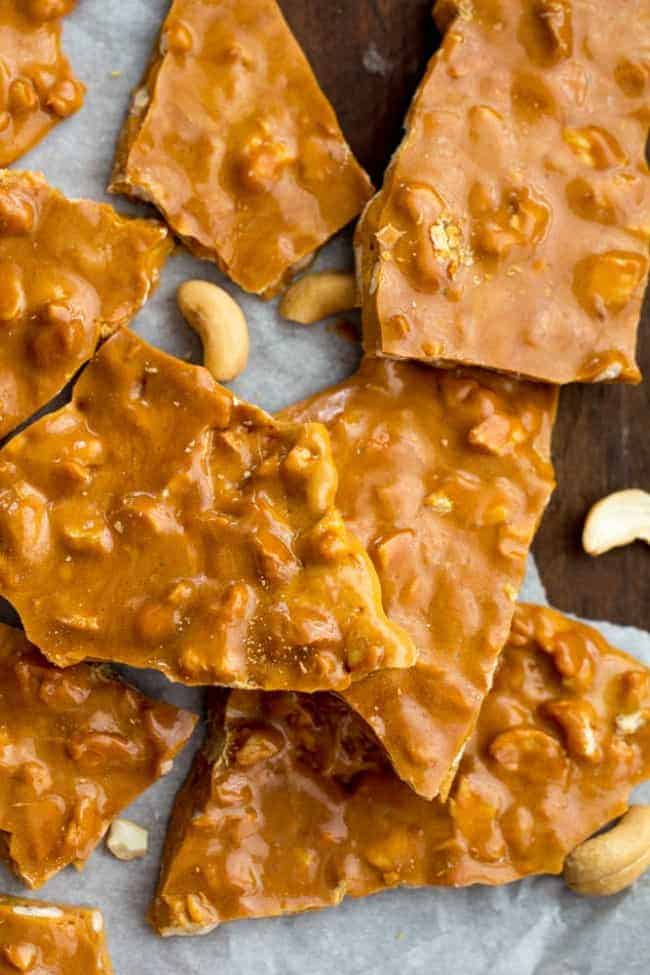 This brittle was made right in the microwave and I couldn't believe how easy it was. It tasted just like I slaved hours over the stove making this with a candy thermometer. Nobody would ever know! Cashew brittle broken into pieces.