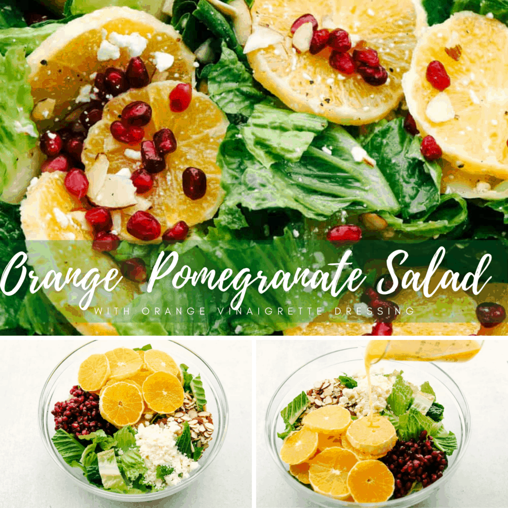 Orange Pomegranate Salad is a delicious mix of greens with fresh oranges, pomegranates and topped with feta cheese and an amazing orange vinaigrette dressing. If you are looking for an awesome salad that is fresh and full of tempting and unique flavors, then this salad is for you! Collage of fruit salad being made.