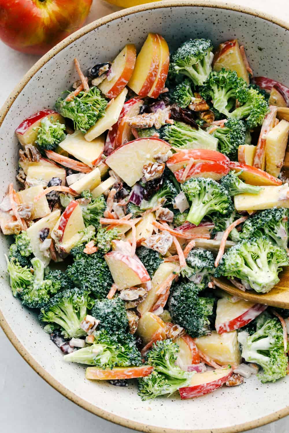 Broccoli, pecans, cranberries, carrots and apples come together to make an amazing salad with delicious flavors and textures. The creamy dressing on top makes this salad absolutely incredible! Broccoli and apple salad with a tangy dressing in a bowl.