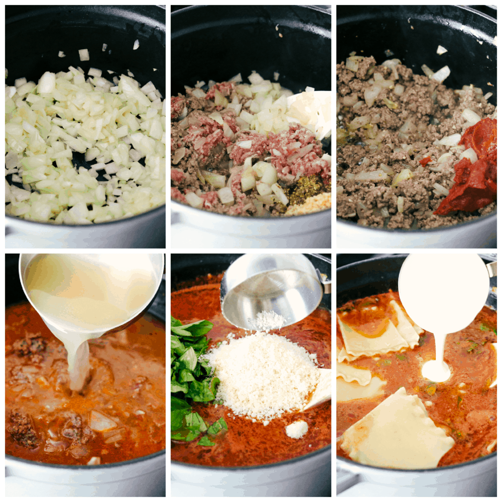 This lasagna soup recipe has all the flavors of classic lasagna packed into a warm and comforting soup! It is full of tender noodles, savory ground beef, rich marinara sauce, and melty cheese. It's a delicious meal that your family will adore and want to enjoy again and again! Sauteing onion, ground meat, and making flavored broth for Lasagna Soup.