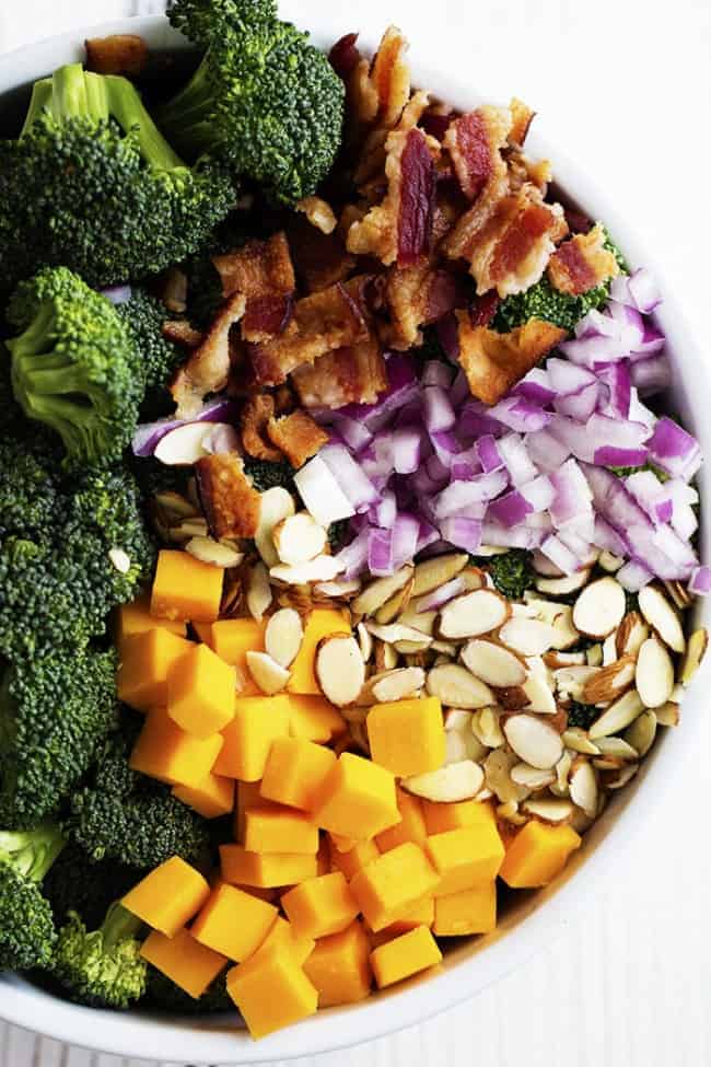 A delicious broccoli salad full of bacon, cheddar, and almonds. The creamy dressing on top is sweet and tangy and AMAZING! Broccoli salad ingredients.