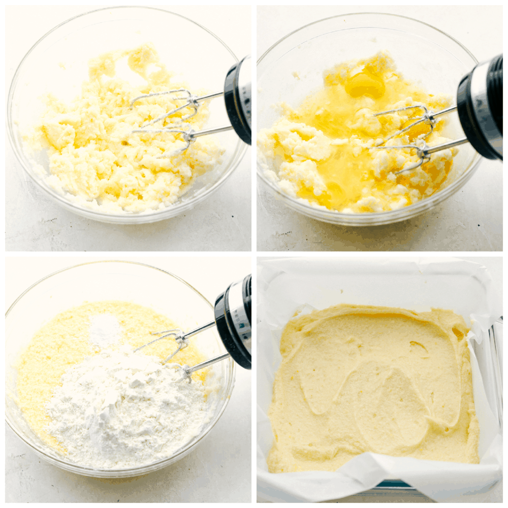 Quick and easy lemon brownies that are perfectly moist and chewy! The Lemon Glaze on top is the perfect finishing touch! It will be hard to stop at one! Mixing the ingredients and spreading it in the pan for lemon brownies.