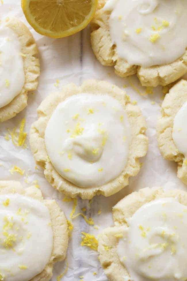 Amazingly soft and perfect lemon sugar cookies with the best lemon cream cheese frosting on top! lemon sugar cookies areal view.