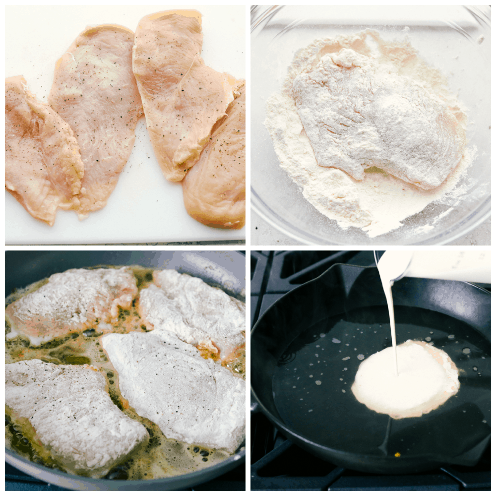 This creamy lemon chicken piccata is a quick and easy one-pot meal that's on the dinner table in 30 minutes! Tender breaded chicken in a creamy lemon sauce that the entire family will love. Chicken breasts being seasoned, breaded and cooked, and the creamy sauce being made.
