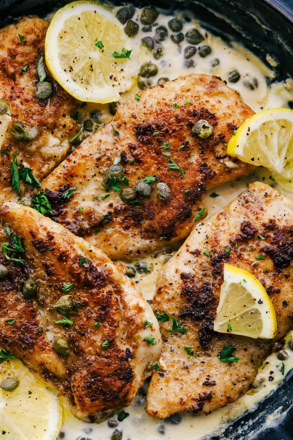 This creamy lemon chicken piccata is a quick and easy one-pot meal that's on the dinner table in 30 minutes! Tender breaded chicken in a creamy lemon sauce that the entire family will love. Close-up picture of creamy chicken piccata with lemons.