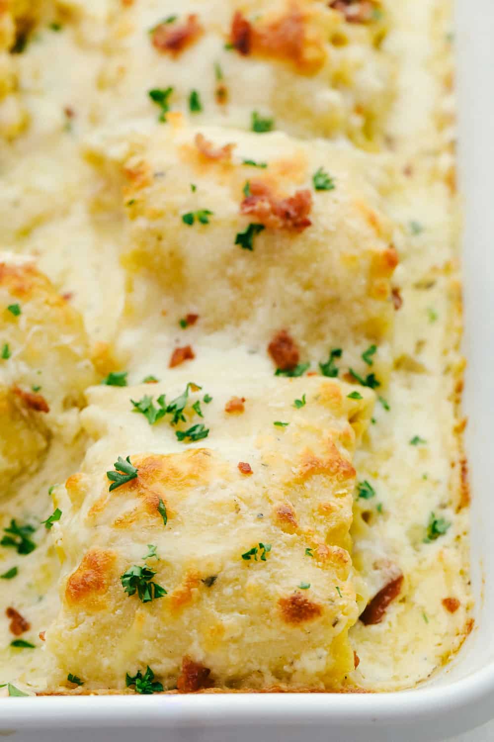 Alfredo Roll Ups are cheesy, perfectly portioned servings of deliciousness. This is going to be one of the best meals you will ever make! Baked chicken bacon alfredo roll ups in a pan.