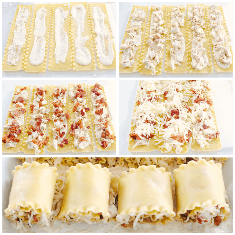 Alfredo Roll Ups are cheesy, perfectly portioned servings of deliciousness. This is going to be one of the best meals you will ever make! Placing alfredo chicken and bacon on lasagna noodles and then rolling them up.