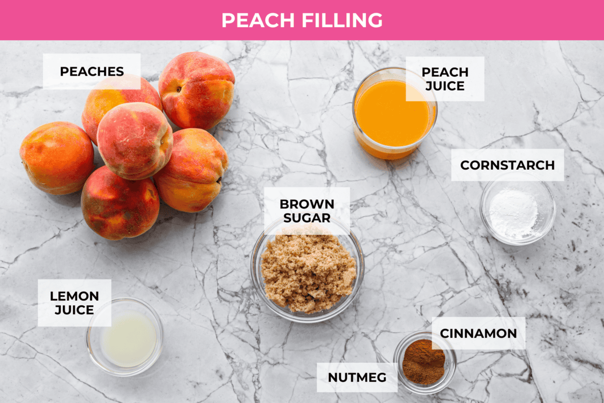Old-fashioned peach cobbler is a timeless summer dessert! Its warm, cakey layers baked with freshly sliced peaches are a match made in heaven. Top the cobbler with vanilla ice cream, and every bite will be a delight! Overhead shot of labeled peach filling ingredients for peach cobbler.
