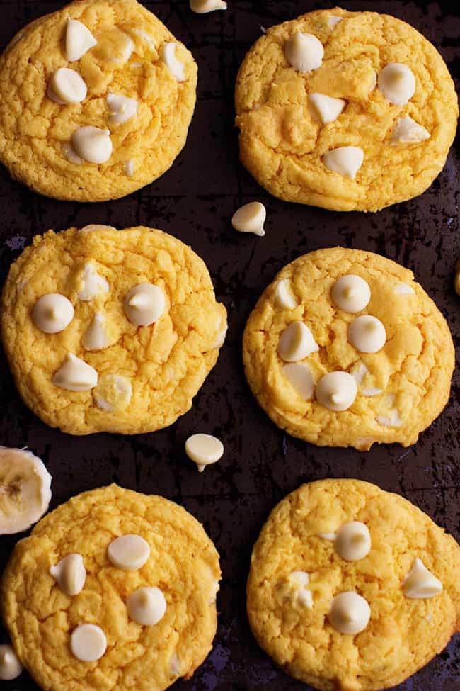 These cookies were so easy and amazing and one of the best that I have made. I know that your family is going to love them just as much as we did! banana cream pudding cookies in rows on a cooling sheet.