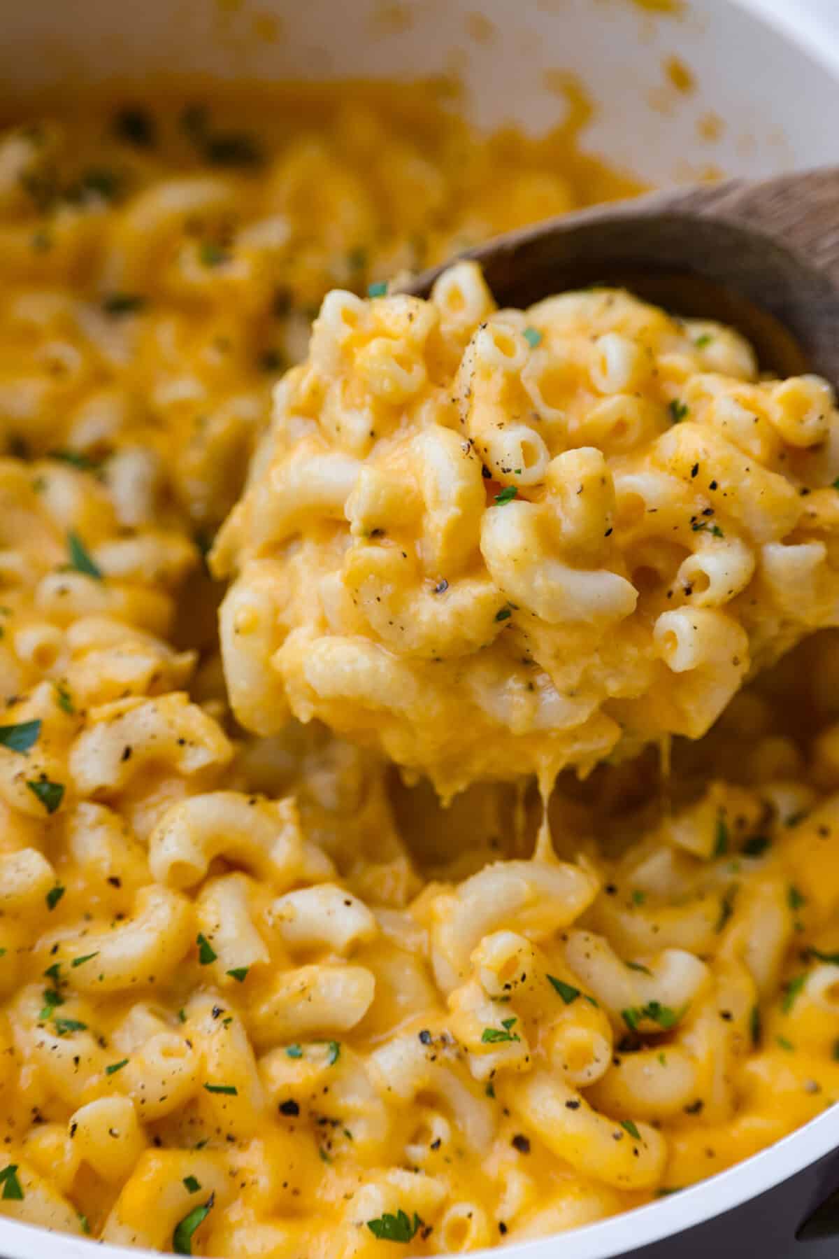 This cheesy butternut squash pasta recipe is loaded with cozy fall squash and ooey, gooey cheese,ย making it a perfect meal to warm up to on crisp fall evenings. Even better, it can be ready in less than an hour! Close up shot of a scoop of cheesy butternut squash pasta being lifted out of the pot.
