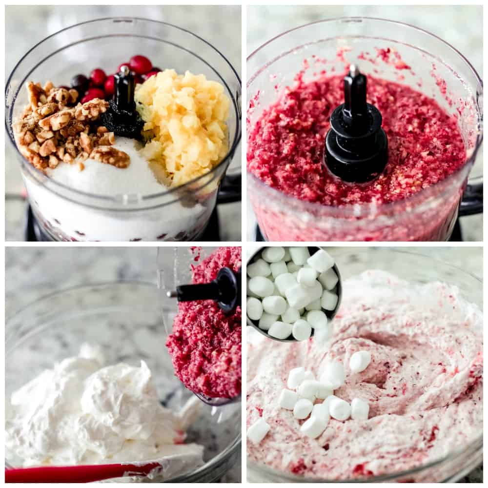 Cranberry Cheesecake Fluff is aย creamy and delicious fluff salad made with cranberries and walnuts. It is so easy to make and a MUST for the holidays! Step by step process of making cranberry cheesecake fluff. The first two photos show the fruit and nut mixture being blended together, then the last 2 pictures show it being combined with the creamy base.