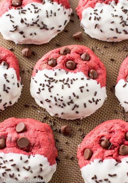 Red Velvet Chocolate Chip Cookies Red Velvet Chocolate Chip Cookies close up.