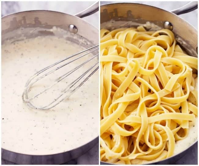 A lightened up garlic alfredo sauce that is delicious and creamy and coats the pasta perfectly! Half of the calories and you won't even be able to tell! Alfredo sauce with whisk on left side of picture and pasta on the right.