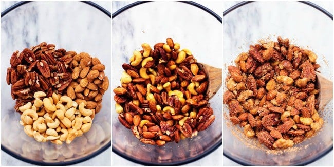You start with an egg white and vanilla coating on the mixed nuts. This allows the cinnamon and brown sugar to help coat and stick to the nuts while roasting. Then, you toss them to coatย with the delicious cinnamon sugar. cinnamon sugar nuts collage showing each step to prepare them.