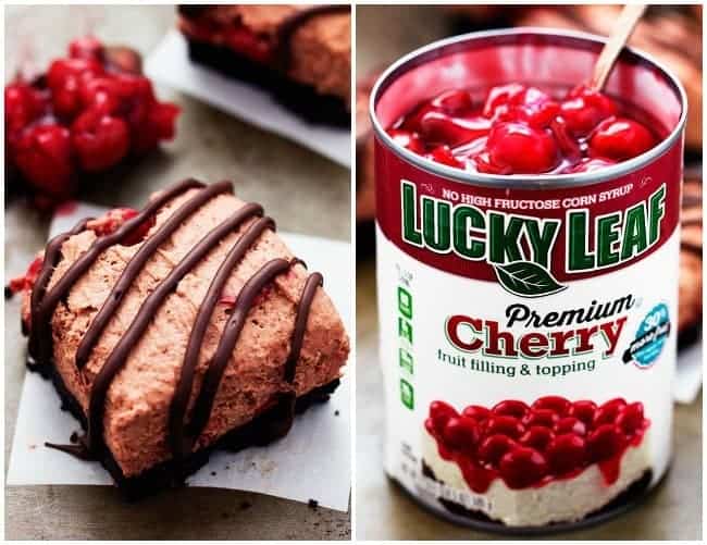 Delicious light and fluffy chocolate mouse with hidden cherries busting inside. This dessert is rich and creamy on top of an oreo crust and drizzled in chocolate. It will become an instant favorite with the first bite! Chocolate Cherry Mousse Bars with Lucky Leaf Cherry Filling in a can