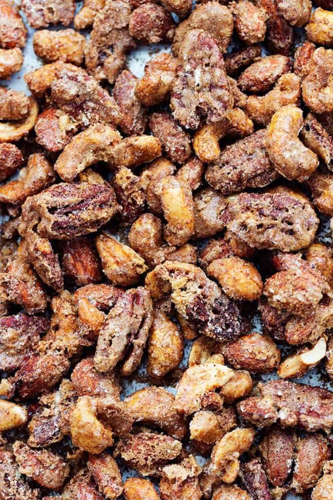 So delicious! Coated nuts in a flat row