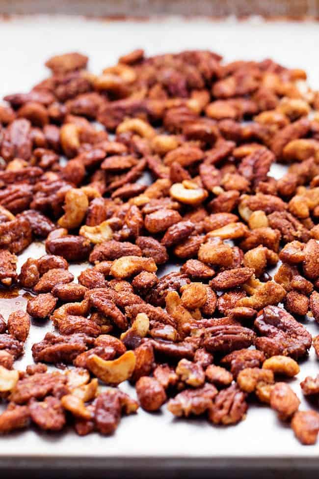 You spread them out on a baking sheet and before you know it they are ready to pop right into the oven! nuts on a pan