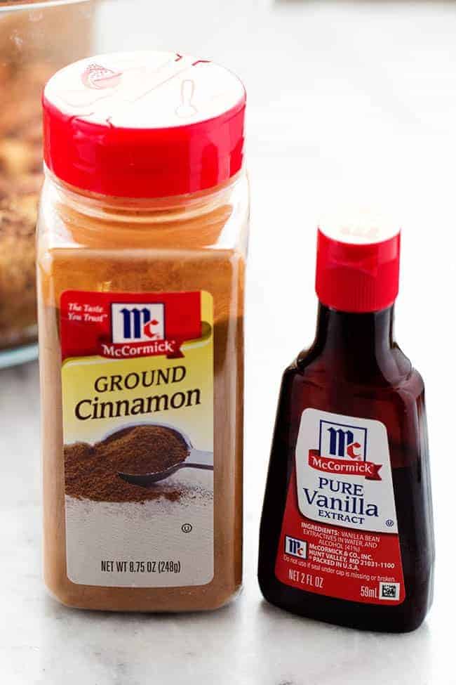 You start with an egg white and vanilla coating on the mixed nuts. This allows the cinnamon and brown sugar to help coat and stick to the nuts while roasting. Then, you toss them to coatย with the delicious cinnamon sugar. Ingredients ground cinnamon and vanilla extract.