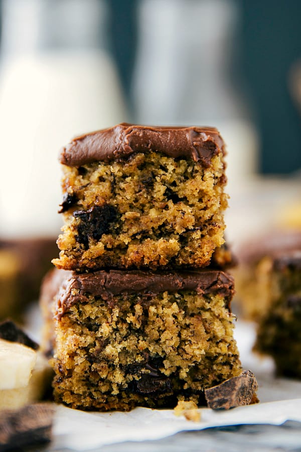 A healthier banana cake made in ONE bowl and covered in a dark chocolate frosting. The perfect way to use up those over ripe bananas! Flourless banana cake slices.